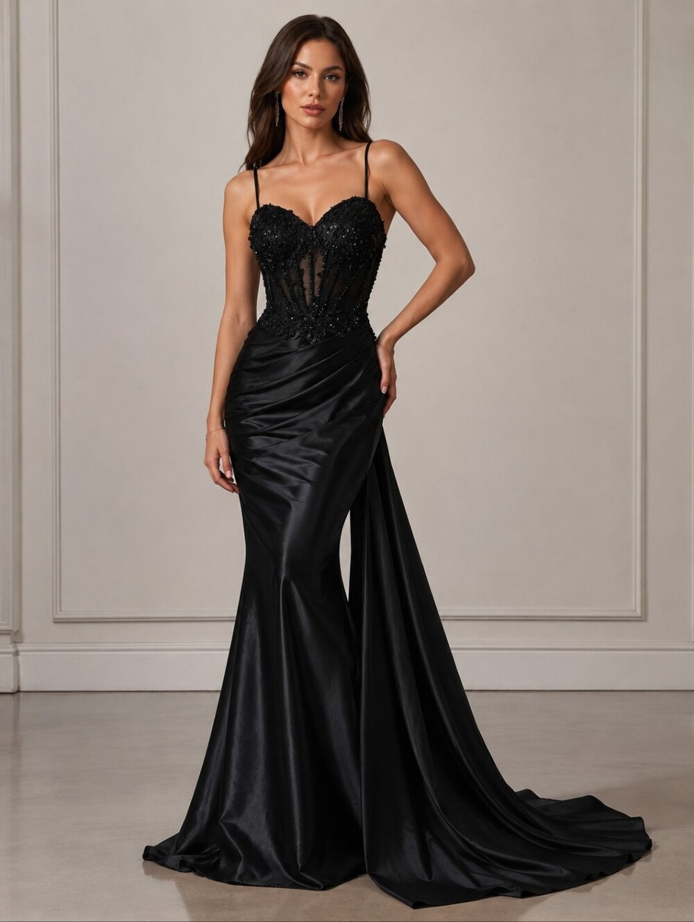 NWOT Black Beaded Mermaid, Corset, Satin, Evening Or Prom Gown Maxi Dress